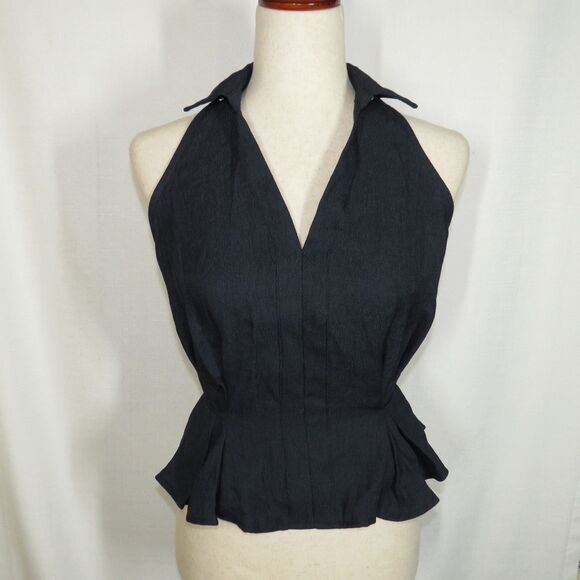 OGL Navy Linen Blend Collared V Neck Sleeveless Tie Waist Top Size Small - Picture 5 of 11